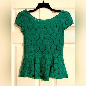 Green Peplum Blouse with lace overlay and zippered back